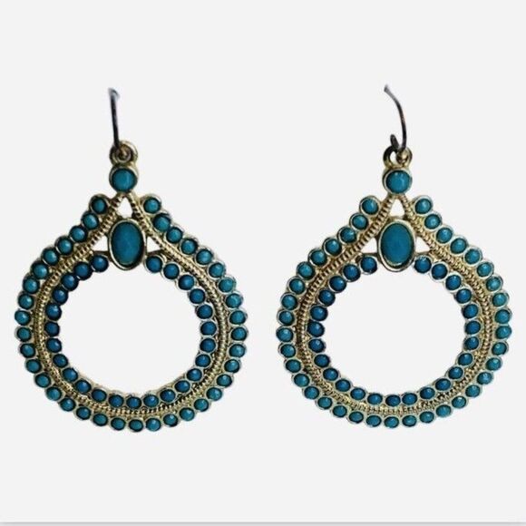 Vintage Faux Turquoise Gold Tone Pierced Dangle Hoop Hook Fashion Earrings - Picture 1 of 7